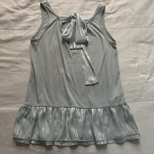 Axes Femme baby blue Silver metallic tinsel tank top ruffle hem tie bow neckline